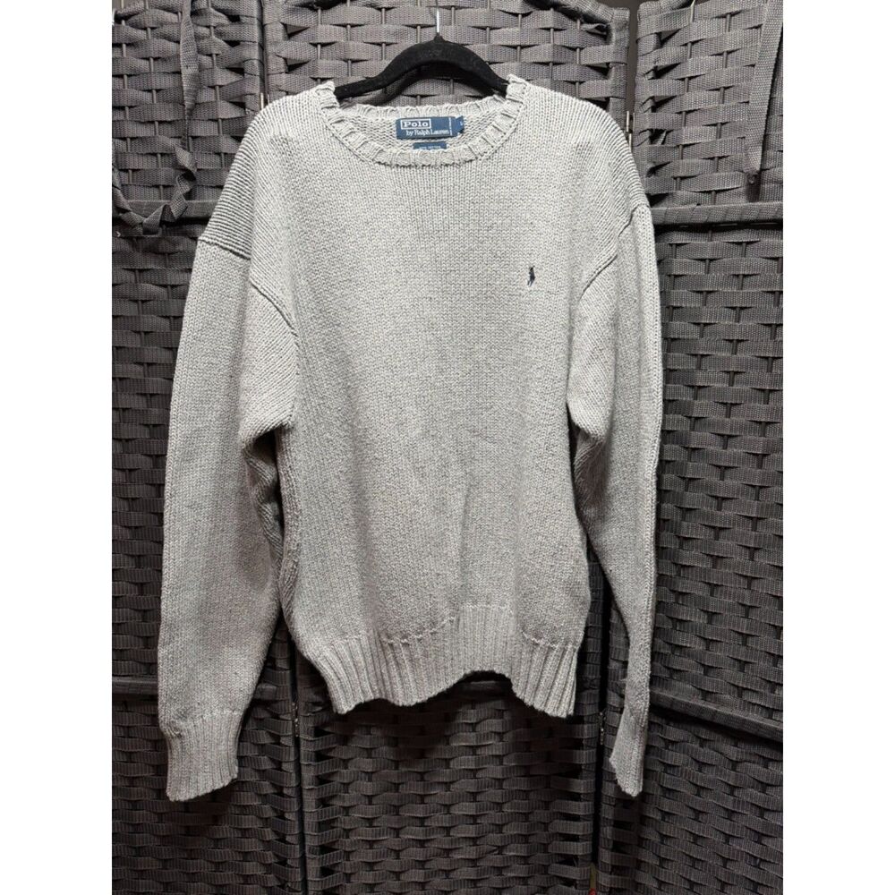 Polo Ralph Lauren Gray Cotton Sweater L Crewneck Preppy Cable Knit Mens